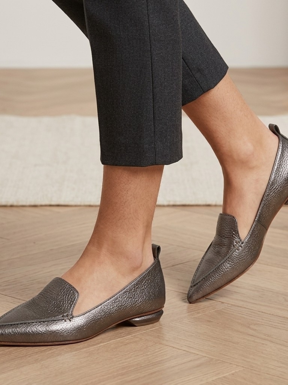Nicholas Kirkwood Beya Metallic Pewter Leather Pointed Loafers Size 35 / US 5